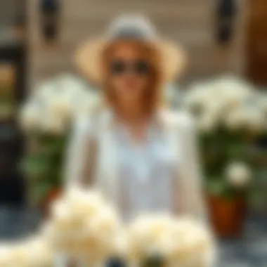 Stylish outfit accessorized with white faux hydrangea elements.