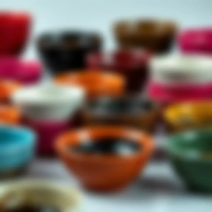 An array of hair dye bowls in various materials and sizes