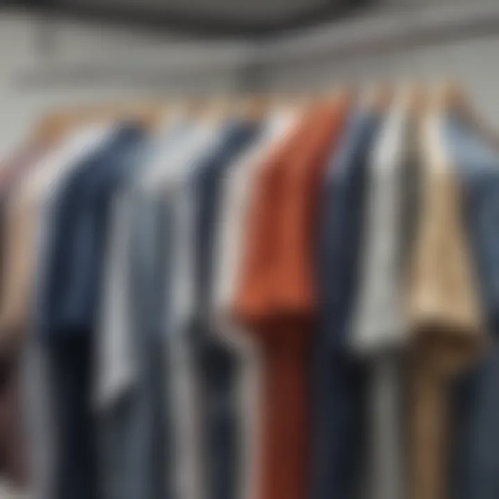 An array of design variations for summer shirts displayed on a clothing rack.