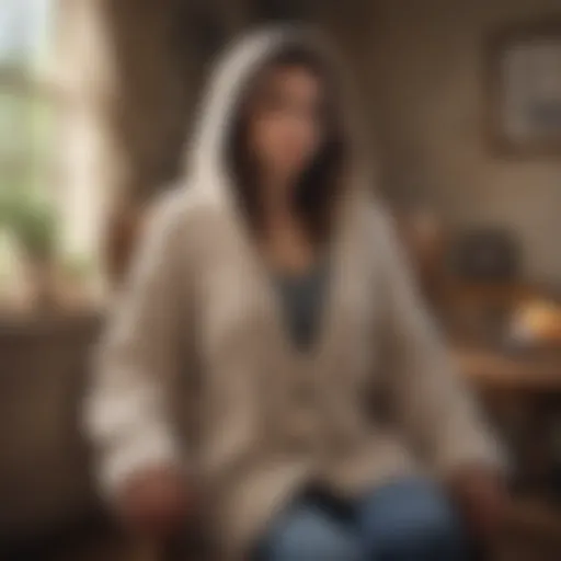 A cozy hooded cable knit cardigan draped elegantly over a chair in a rustic setting.