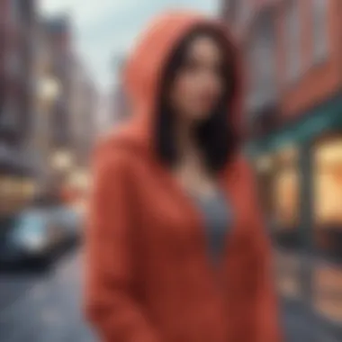 Stylish individual wearing a hooded cable knit cardigan in a vibrant urban environment.