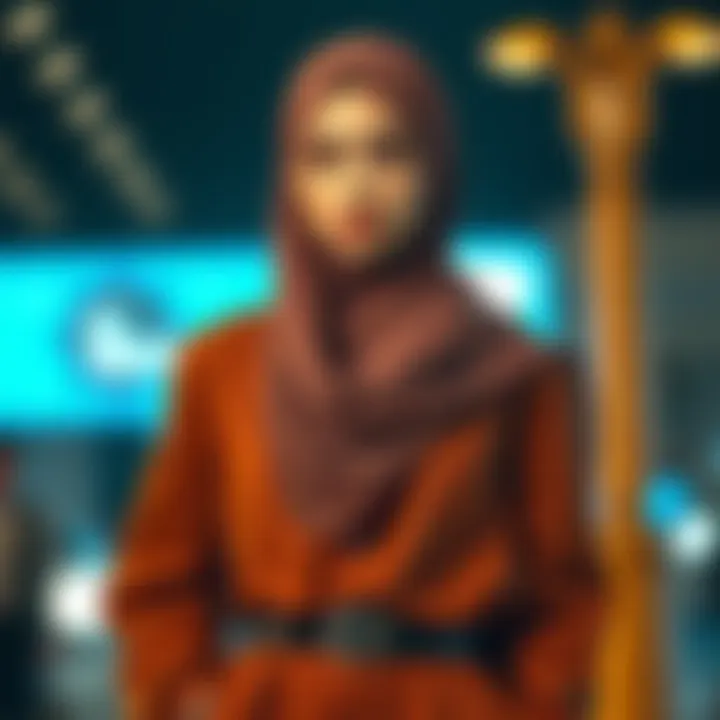 Stylish ensemble featuring long chiffon hijab paired with modern attire