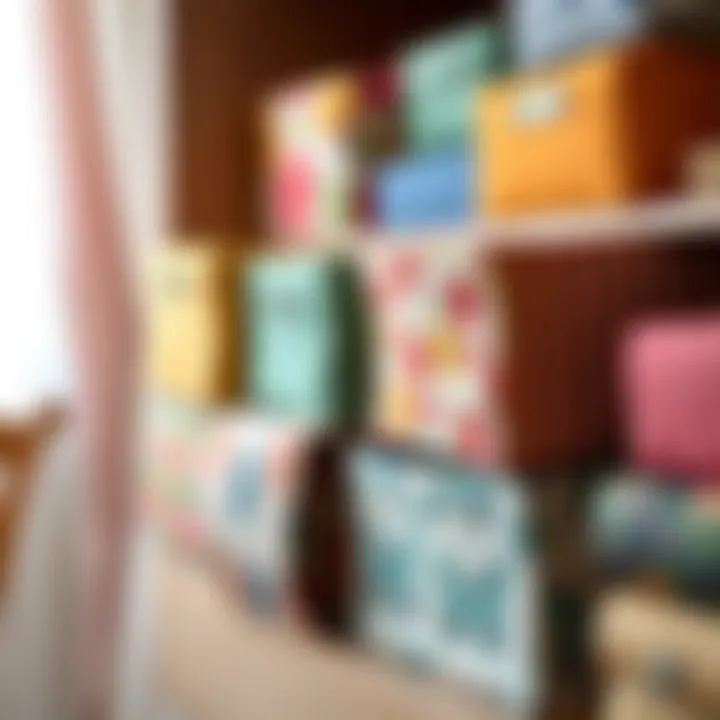 Colorful fabric storage boxes arranged neatly in a dresser
