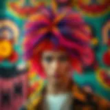 Vibrant hippie wig displayed against a colorful backdrop