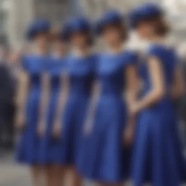 Group of stylish individuals wearing royal blue derby dresses at an event