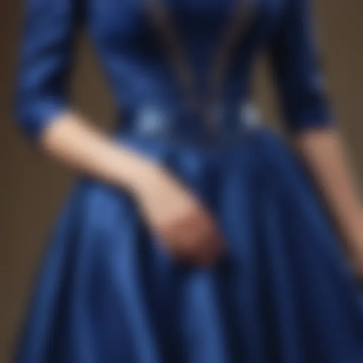 Close-up of design elements of a royal blue derby dress