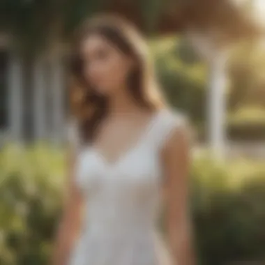 Model showcasing a white lace sundress in a vibrant outdoor setting