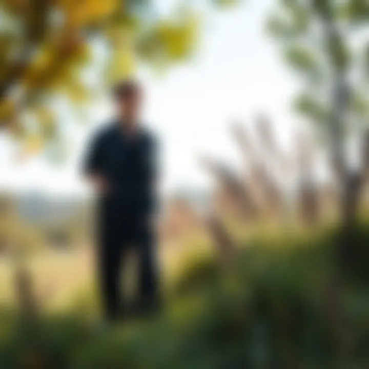 Sustainable flowy business pants showcased in an eco-friendly setting