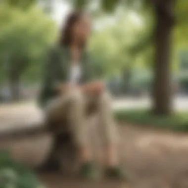 Casual look featuring olive green flat shoes in a park