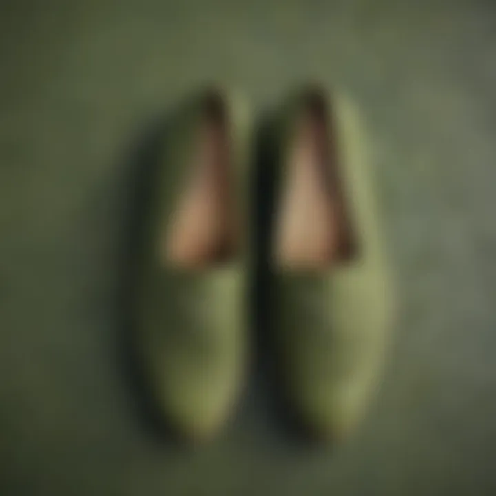 Close-up of the texture of olive green flat shoes