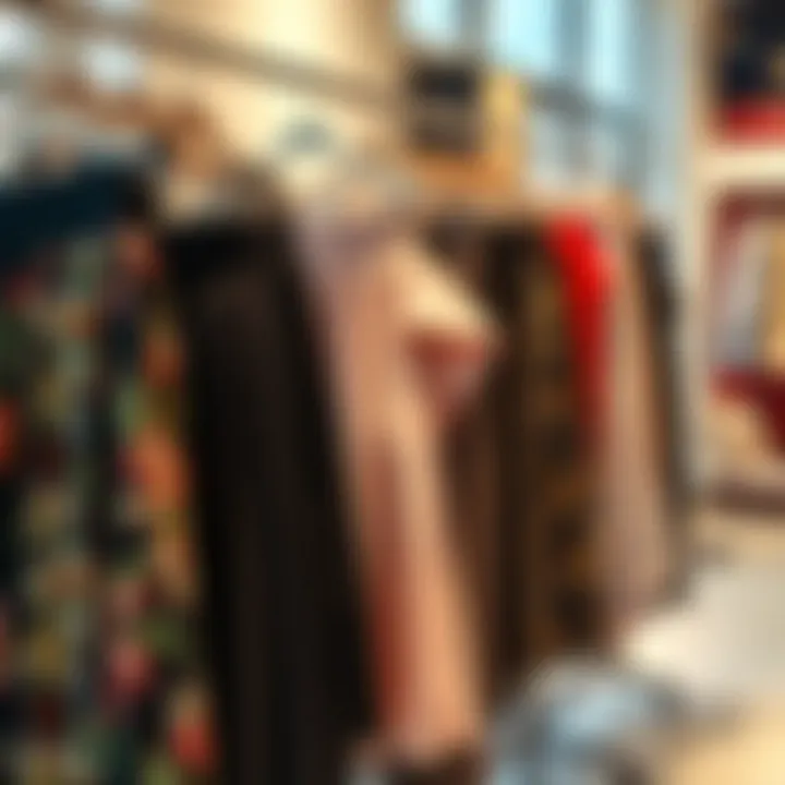 Various styles of maternity skirts displayed on a clothing rack