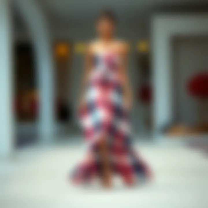 Model accessorized with jewelry and footwear styled with a tie dye strapless maxi dress