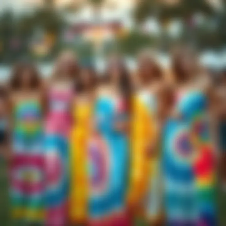 A group of friends in tie dye strapless maxi dresses at a summer festival