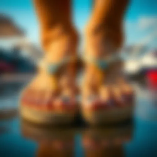 Close-up view of toe post flip flops showcasing intricate design and materials