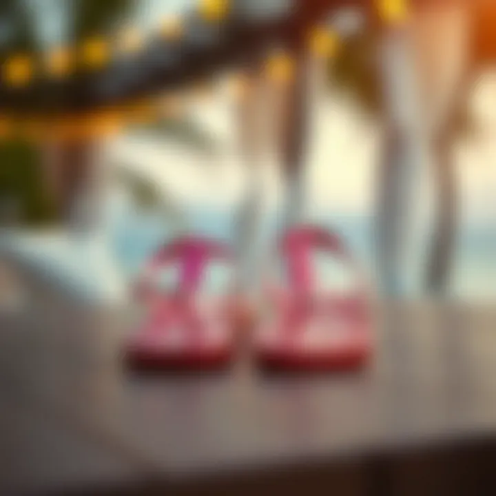An elegant outdoor setting featuring a pair of toe post flip flops