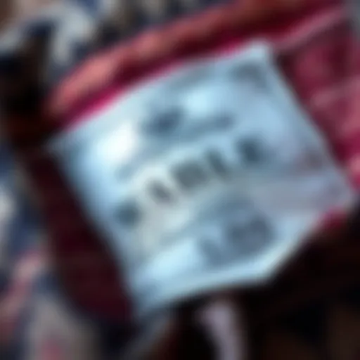 Close-up of a fabric label showcasing intricate design