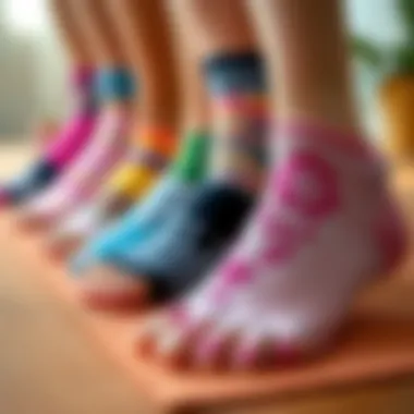 Variety of yoga toe sock designs displayed