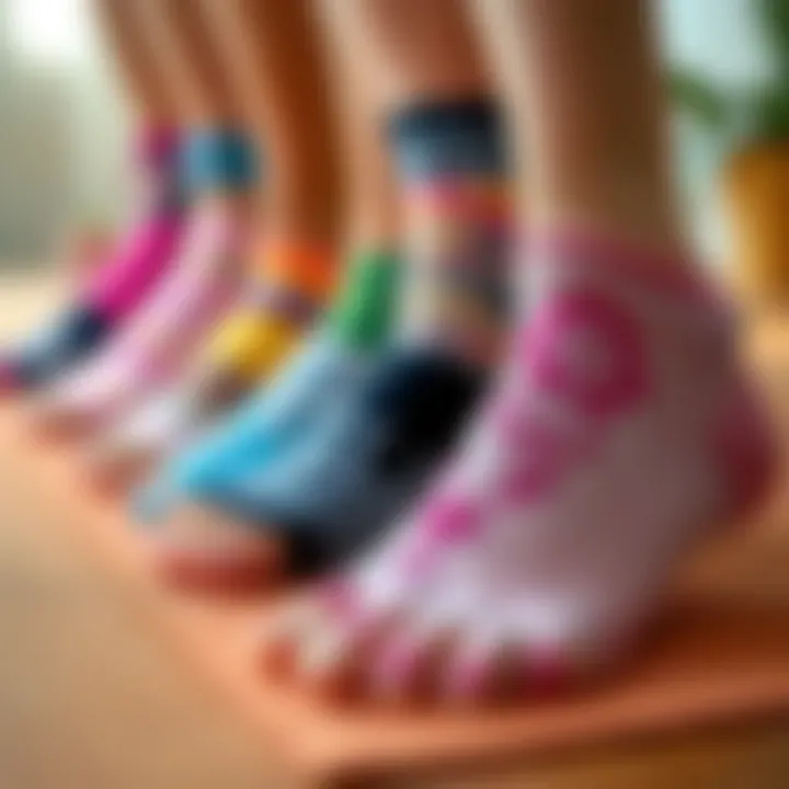 Variety of yoga toe sock designs displayed